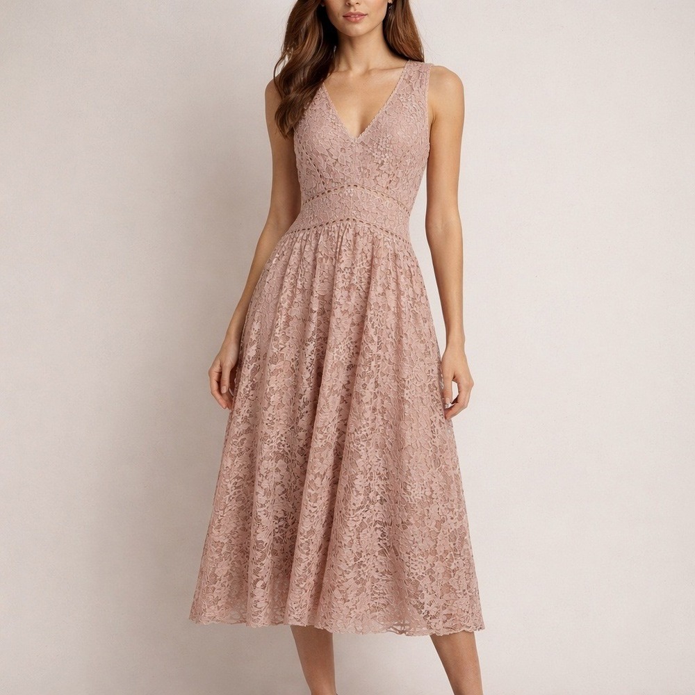 BHLDN Perri Lace High Low Dress 4 Pink V-Neck Floral Wedding Guest Cocktail‎